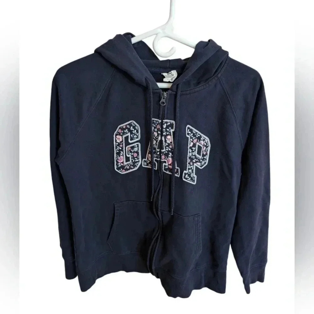 Women's Gap Sweatshirt Navy Blue With Flower Printed SZ L Cotton Casual